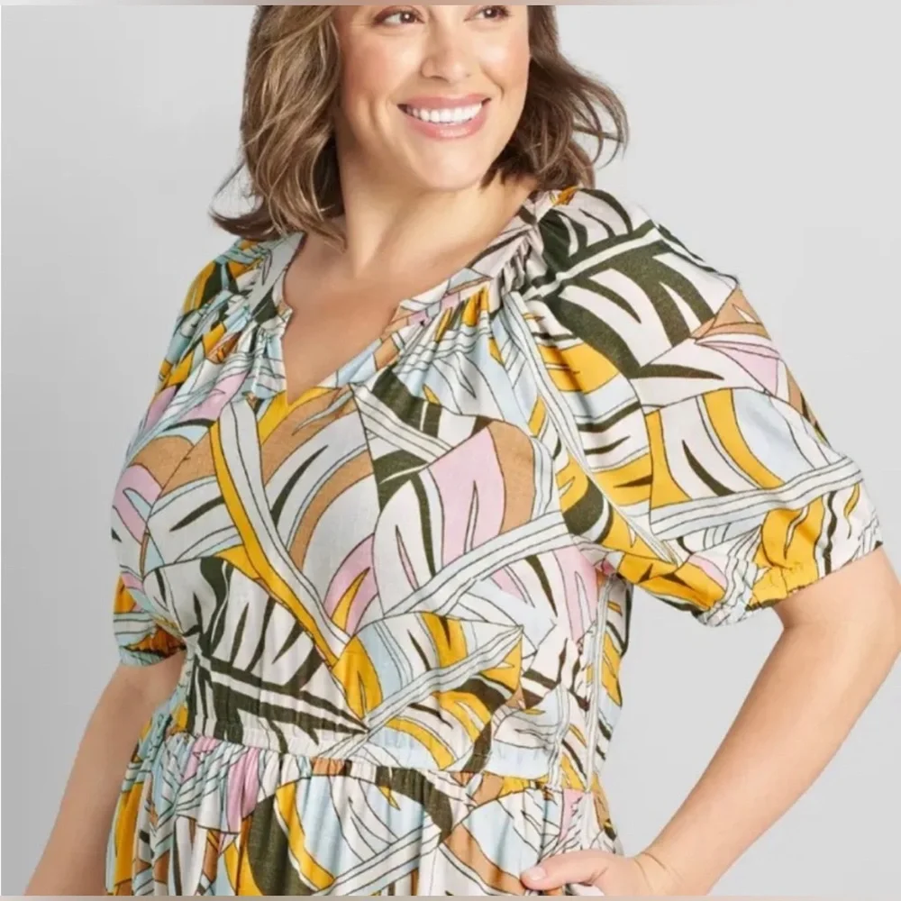 Lane Bryant Tropical Leaf Print Maxi Dress in Yellow, Pink, Olive, White